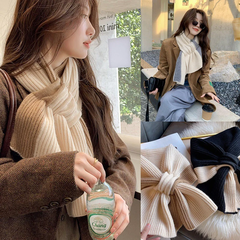 小围巾短款女秋冬交叉针织围脖韩版拼色百搭冬天保暖懒人护颈网红