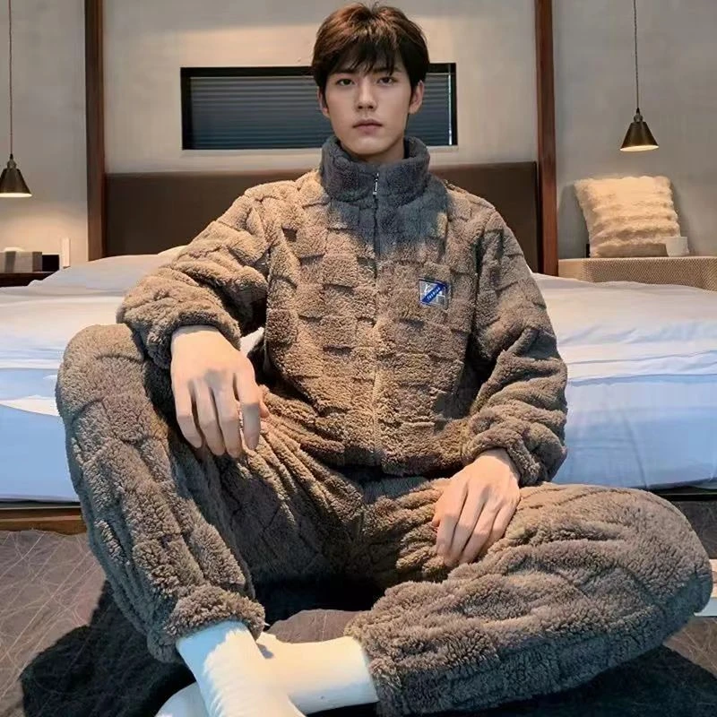 E6128冬季睡衣男款时尚家居服方格加厚长袖大码拉链款套装可外穿