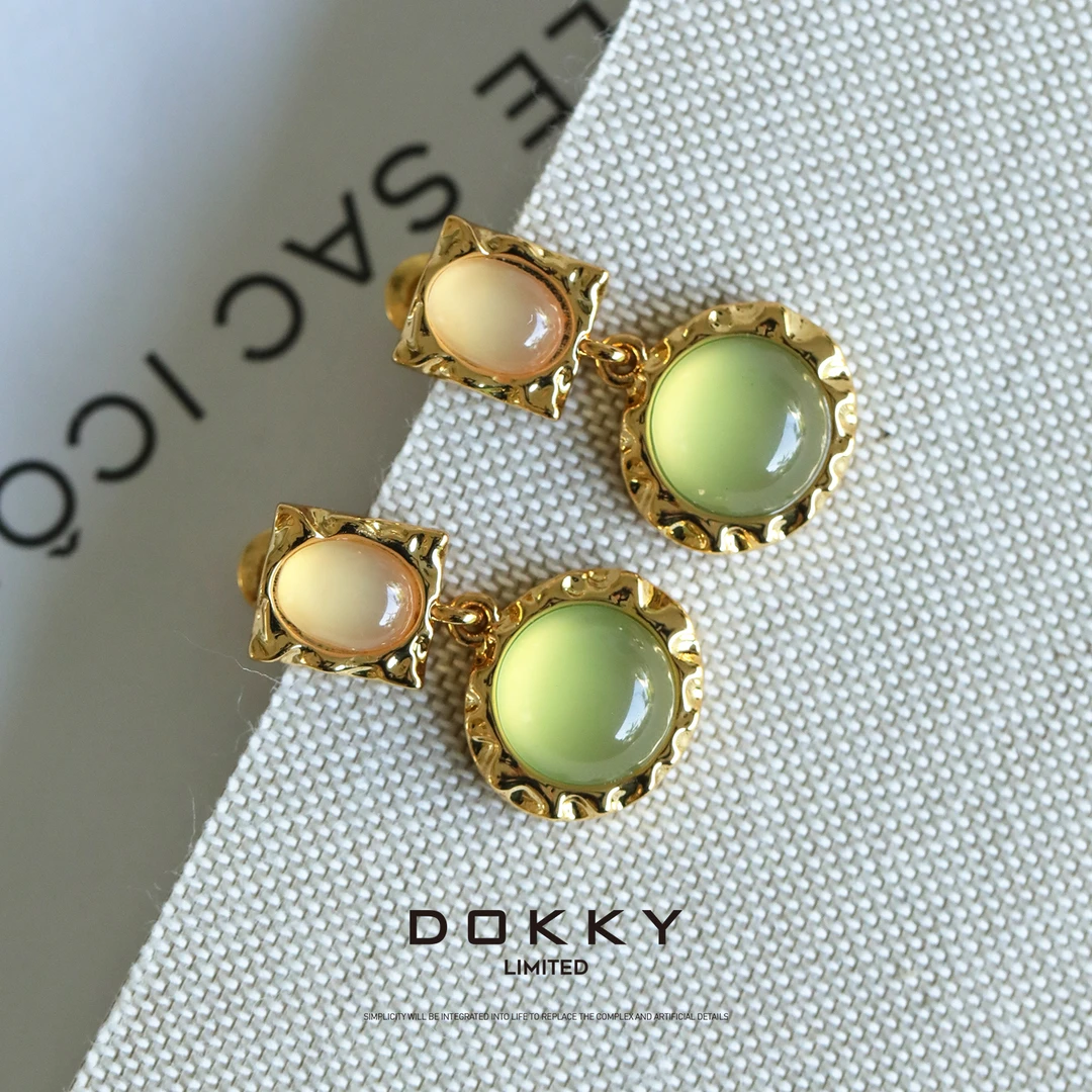 黄铜树脂耳饰 【午后茶歇】DOKKY黄铜镀QT金简约大气黄绿耳坠耳钉