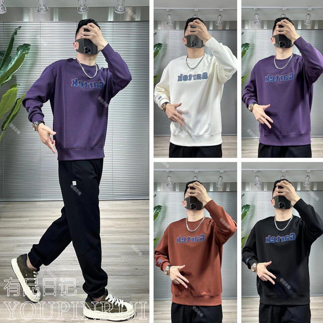 潮牌立体字母刺绣卫衣重磅棉高街美式宽松圆领百搭秋冬男新爆款