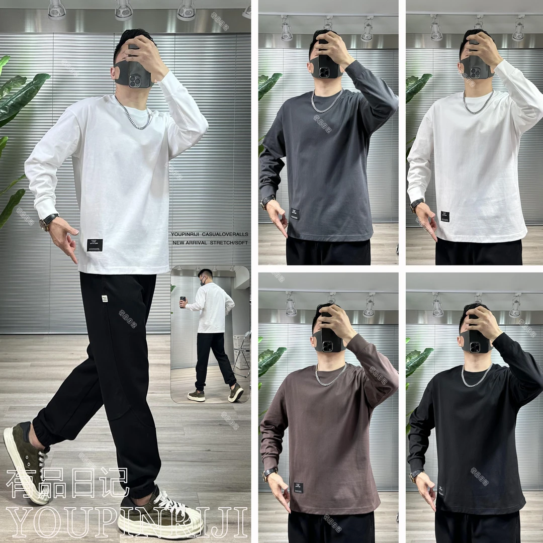 美式潮牌长袖T恤重磅纯色棉宽松百搭打底衫高街潮流男秋冬新爆款