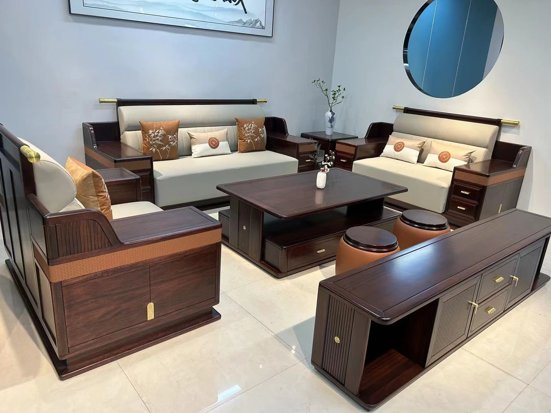 黑檀木实木新中式沙发1.2.3➕大方几➕电视柜家具沙发全套