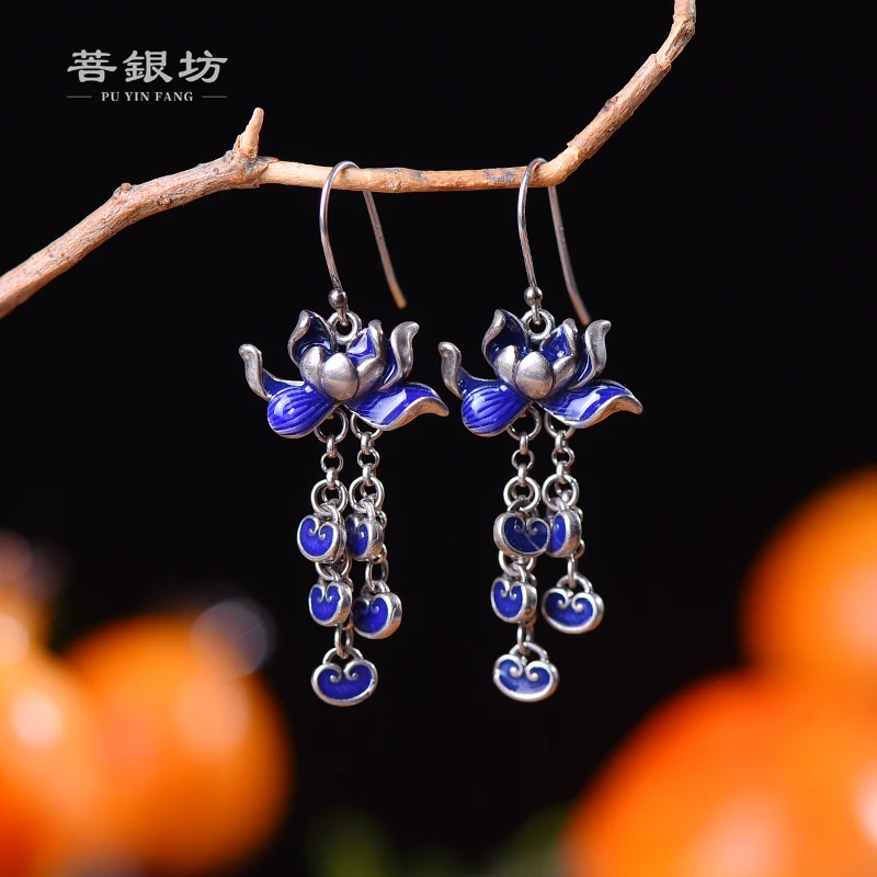 925银珐琅耳饰  【菩银坊】莲花元宝流苏耳饰