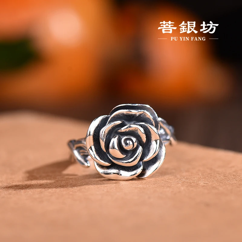 925银戒指 【菩银坊】玫瑰花戒指  素款  开口  个性  可调节