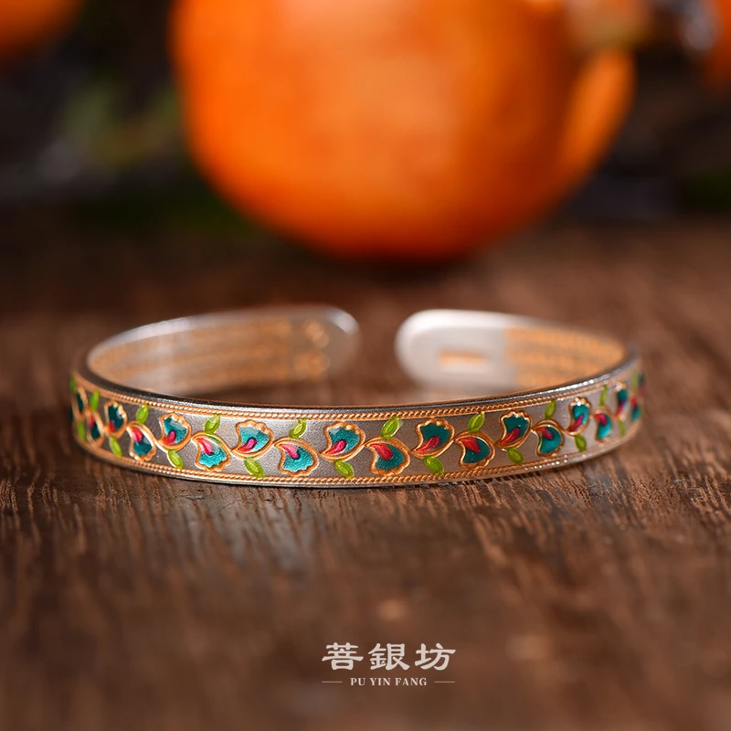 足银手镯 【菩银坊】足银9999 描金花藤心经手镯 开口镯 时尚 国风