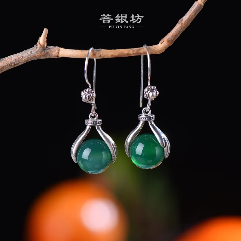 925银耳饰 【菩银坊】925银小皇冠绿珠耳环