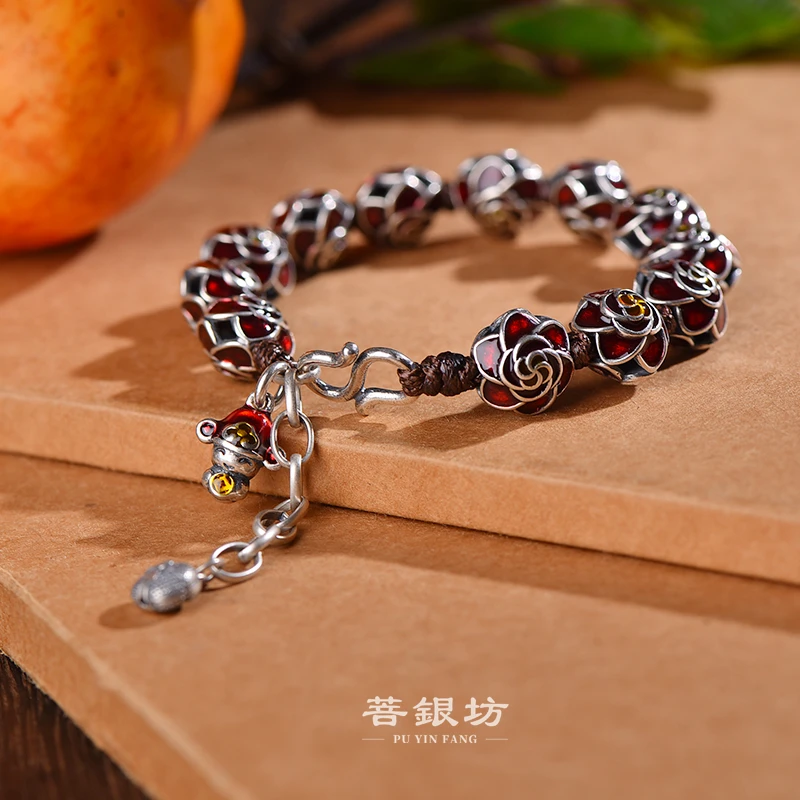 925银珐琅手链 【菩银坊】珐琅红玫瑰双面浮雕手链 可调节 国风