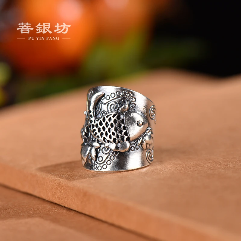 足银戒指 【菩银坊】复古手工浮雕年年有余 鱼戒指