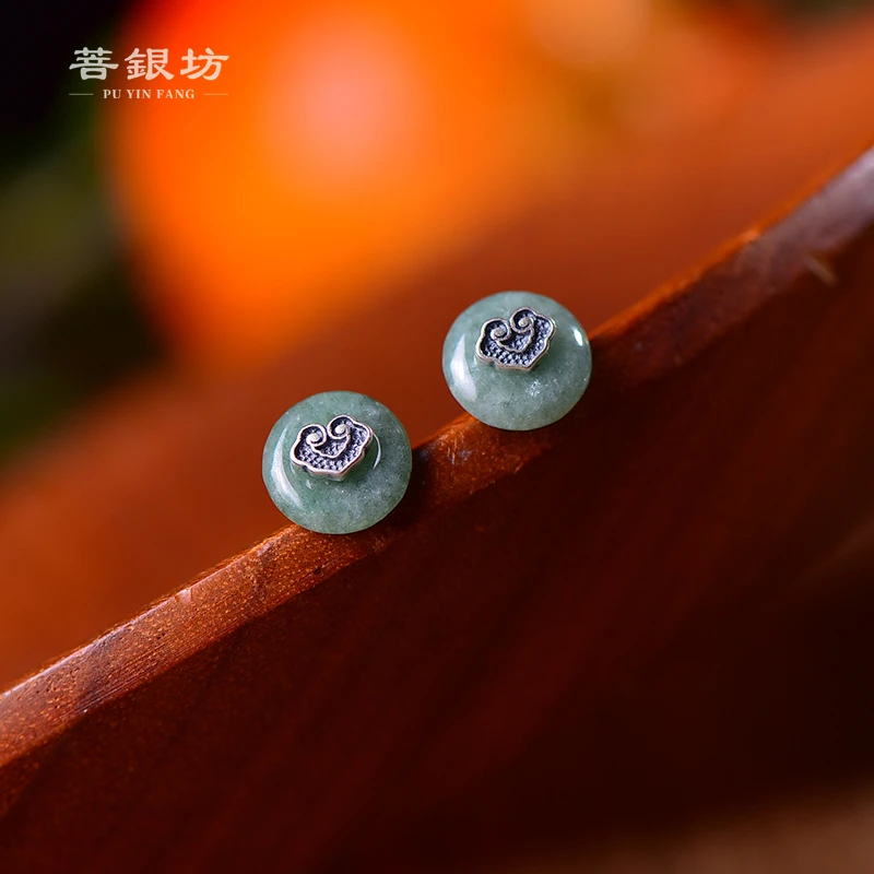 【菩银坊】s925银 翡翠 祥云耳钉