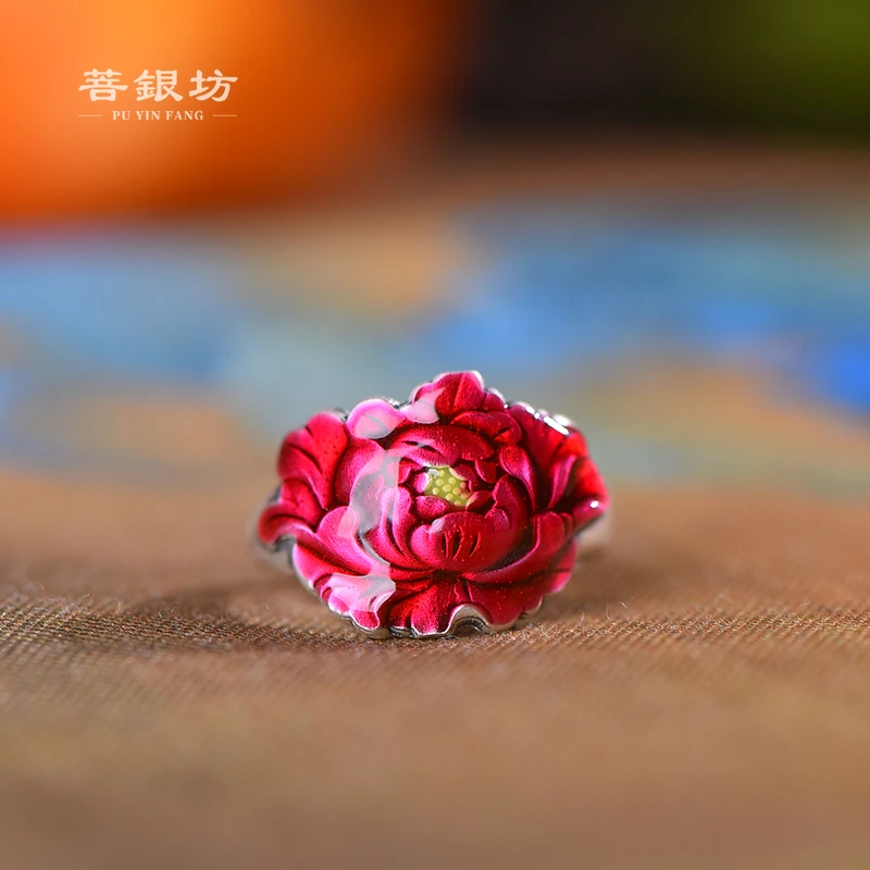 足银戒指 【菩银坊】足银999.9 牡丹戒指 花开富贵 富贵平安 时尚