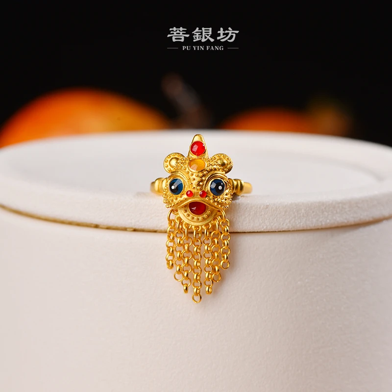 925银戒指 【菩银坊】珐琅彩醒狮年兽戒指 国风 古韵