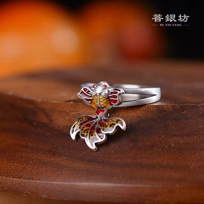 925银珐琅戒指 【菩银坊】红锦鲤戒指,活扣可调节