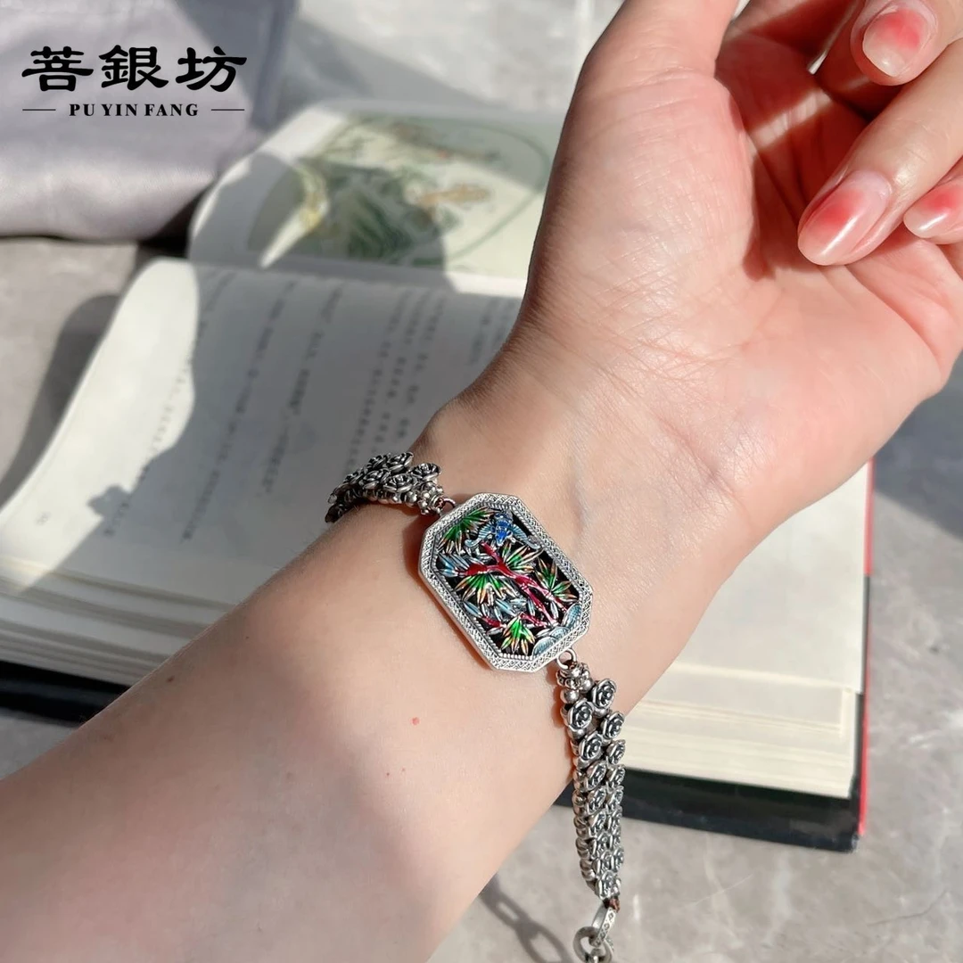 925银手链 S925银节节高升方牌玫瑰手链，20厘米 民族风 手工