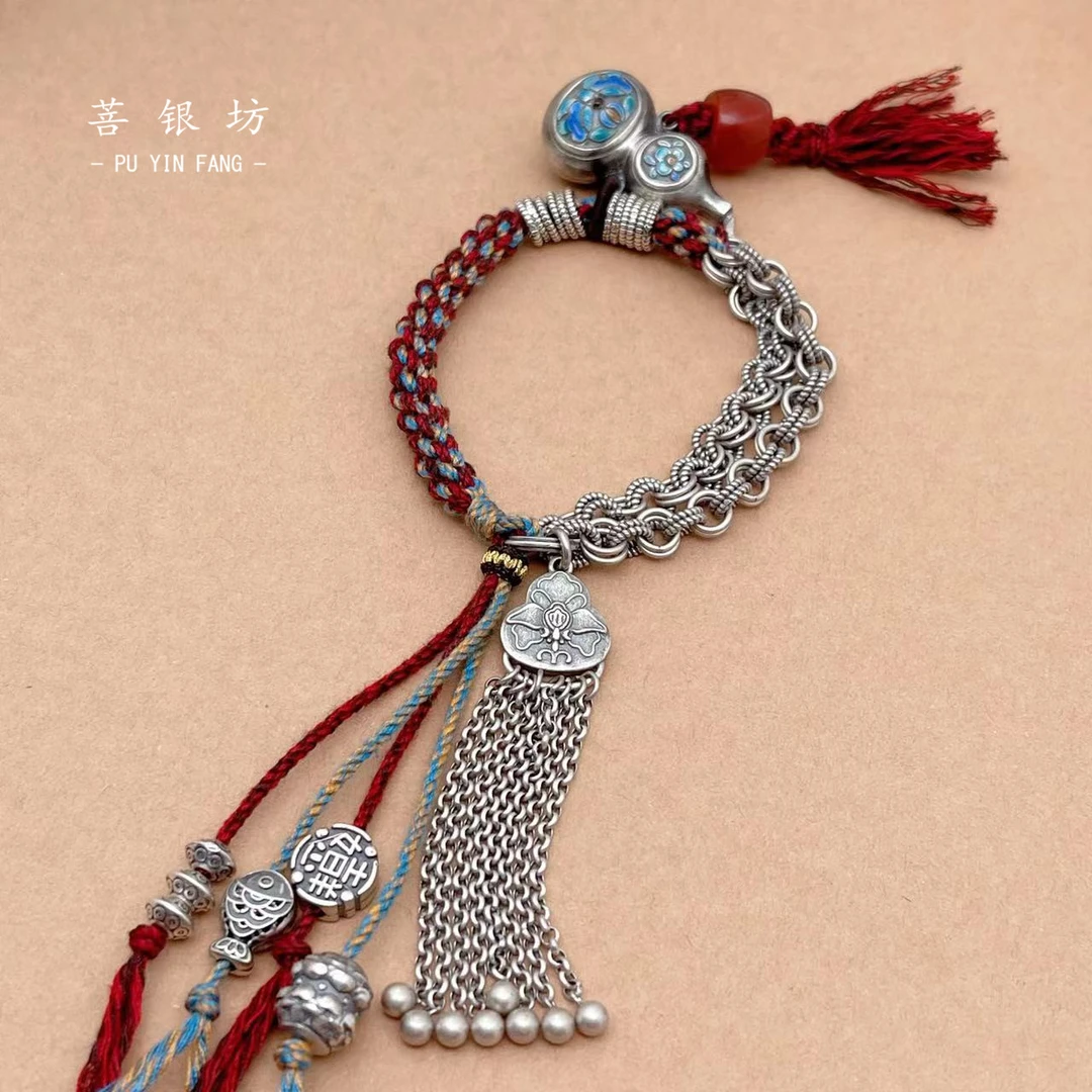 925银手链 【菩银坊】葫芦编织流苏手链，可调节长度