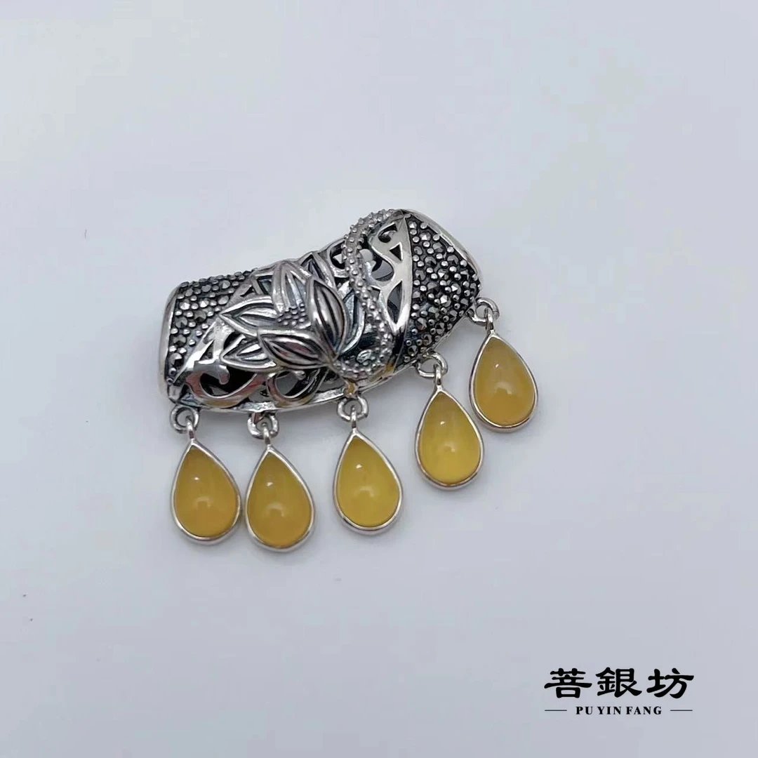 吊坠925银 【菩银坊】黄色 莲花弯管吊坠 时尚 银制品 个性