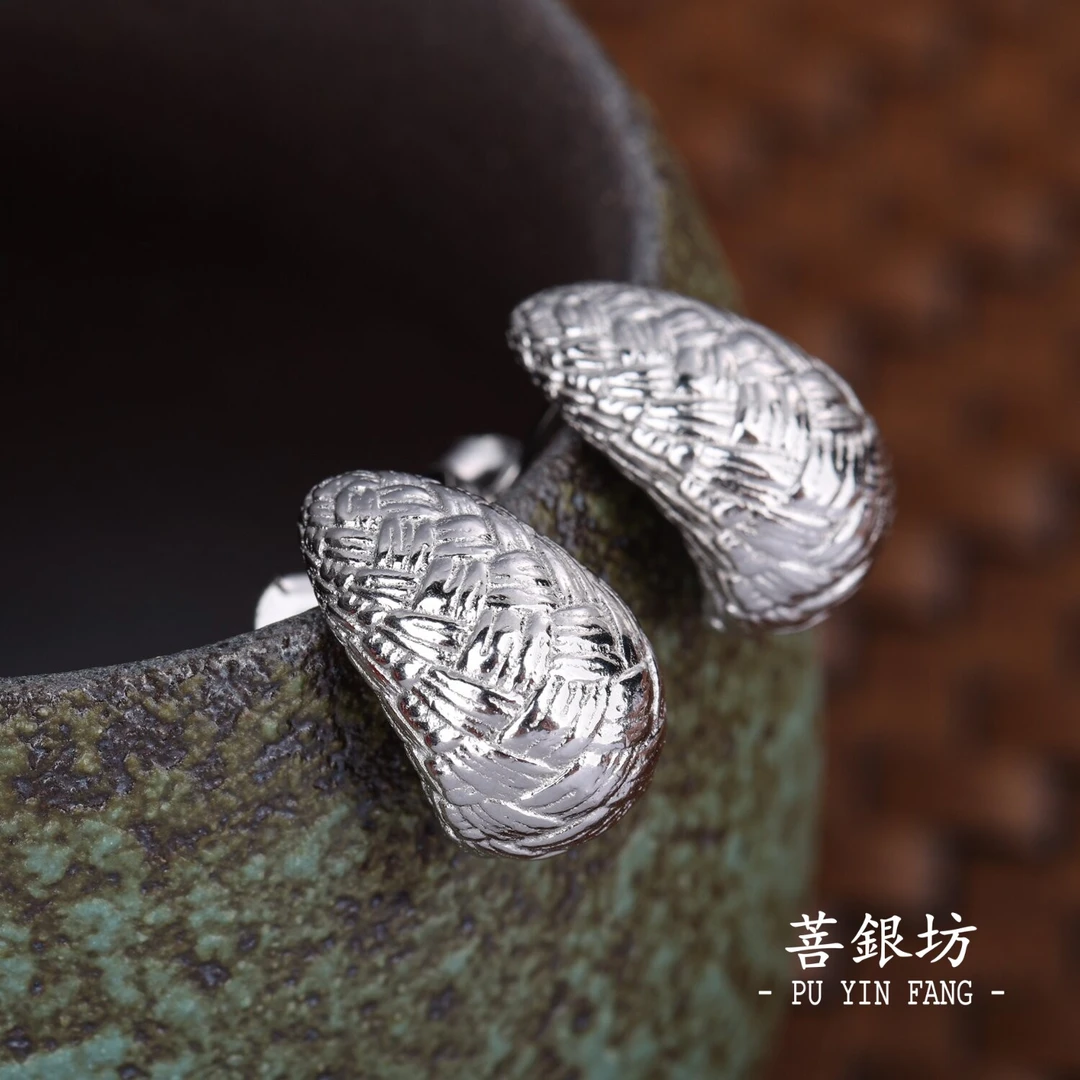 925银耳饰 【菩银坊】 古法编织纹水滴耳钉 气质 素款 简约