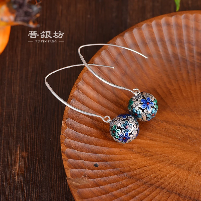 925银珐琅耳饰 【菩银坊】五福花圆珠耳环  精工錾刻
