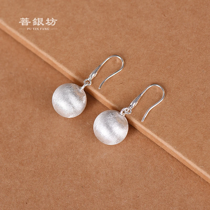 925银耳饰 【菩银坊】磨砂 拉丝 圆珠耳饰时尚 气质 简约 个性 素款