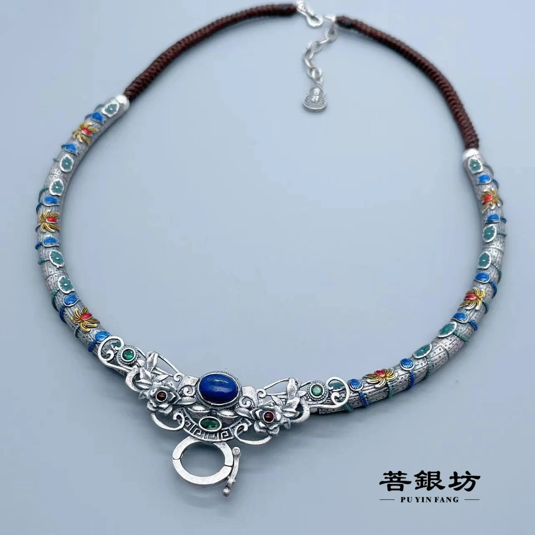 链子925银珐琅 【菩银坊】珐琅彩莲花弯管百搭项链50厘米万能扣设计