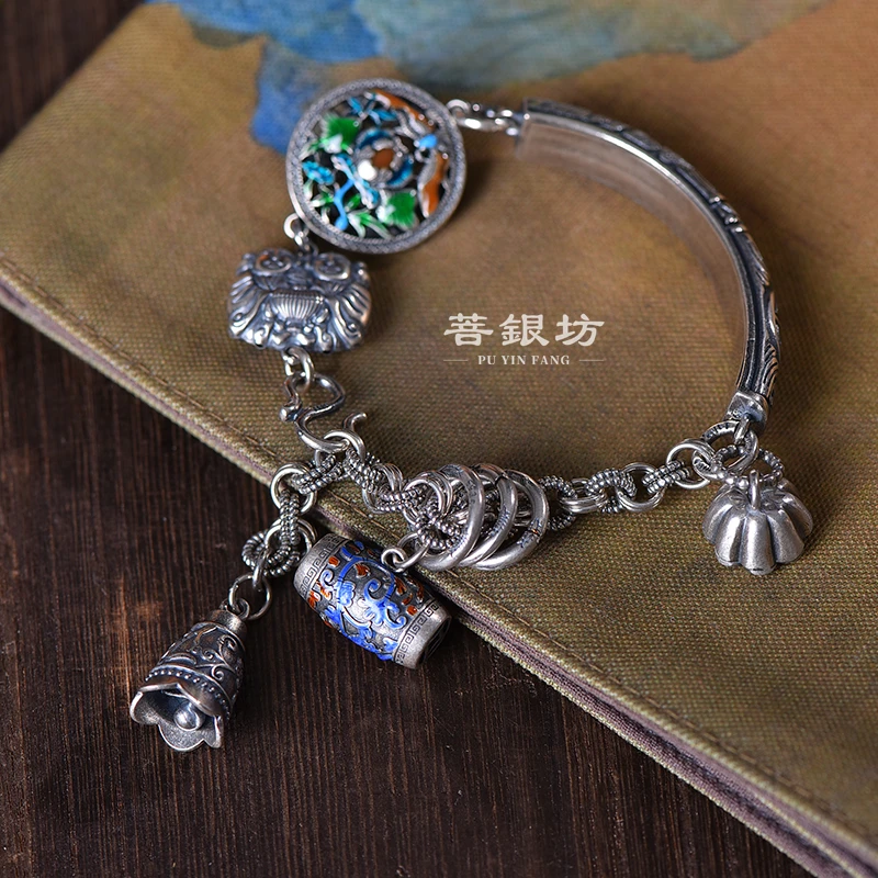 925银手链 【菩银坊】重工 莲花弯管路路通手链 牡丹半镯