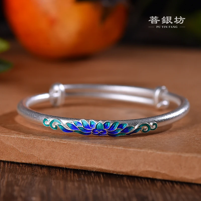 足银珐琅手镯 【菩银坊】蓝莲花古法手镯 28.5g  百搭 足银9999