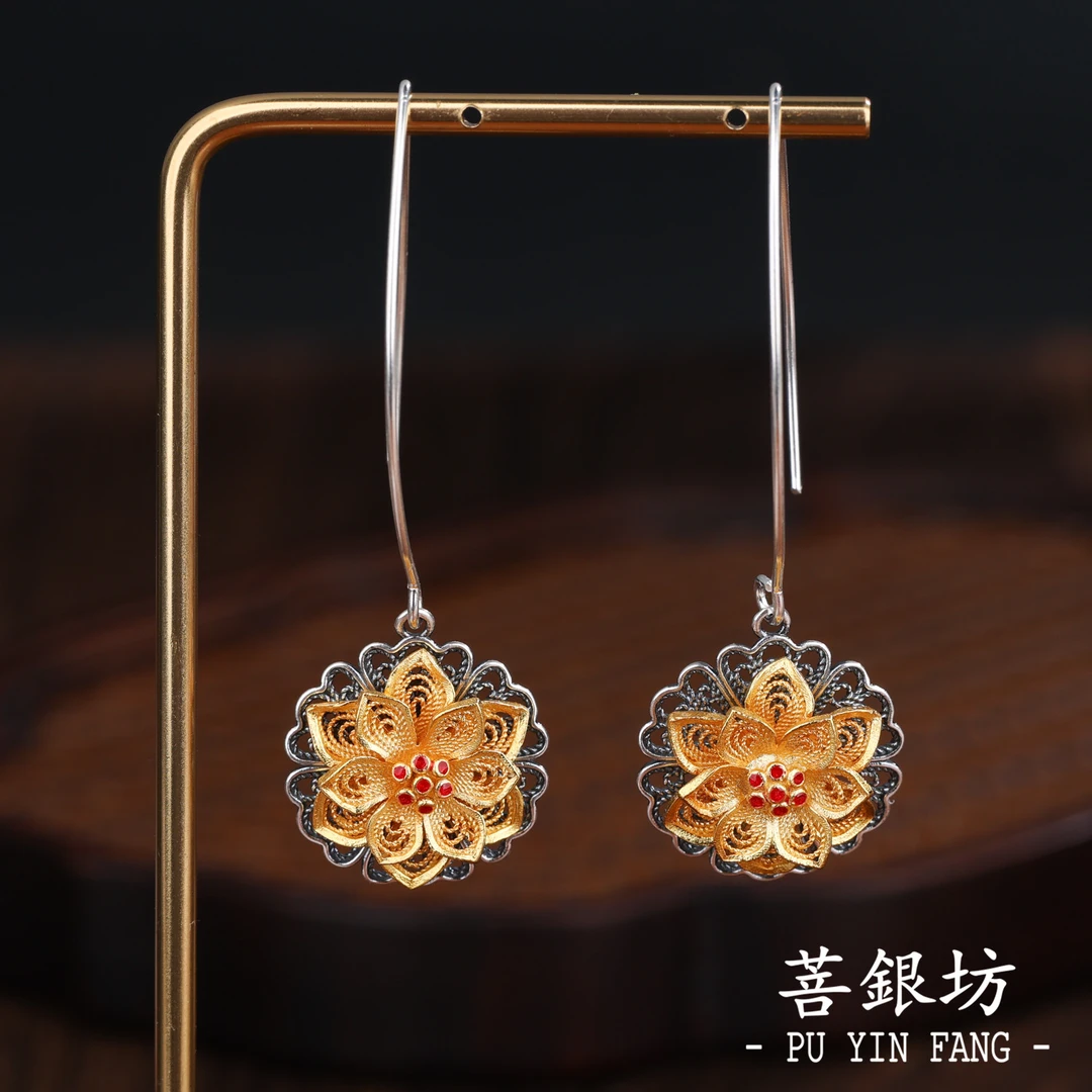足银耳饰 【菩银坊】金色牡丹耳环 长耳钩版 时尚 大气