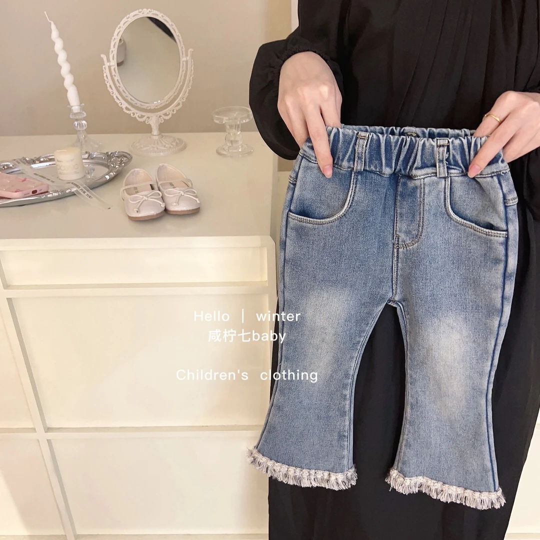 【现现】新款冬款童装童裤一体绒小香牛仔喇叭裤冬款宝宝牛仔裤韩版