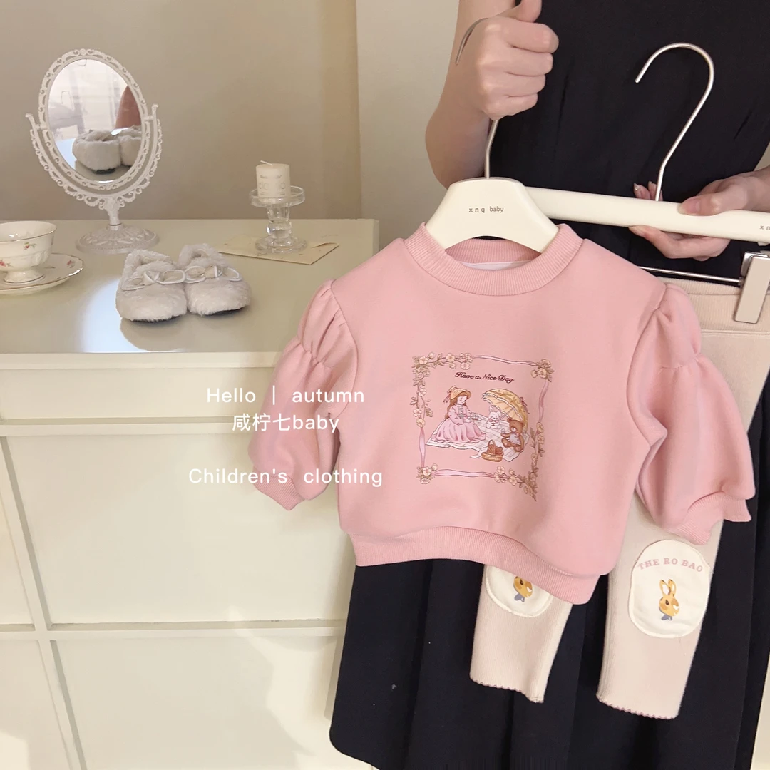 儿童套装童装2023秋冬洋气加绒上衣卡通卫衣休闲裤子女童两件套潮