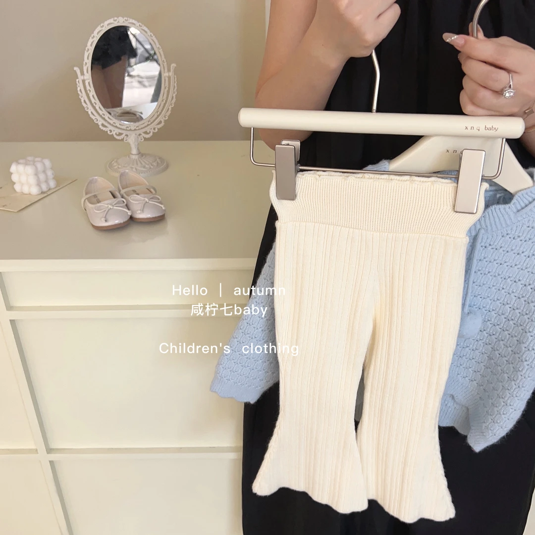 韩国童装女童韩版洋气百搭高腰款小香风针织裤修身喇叭裤