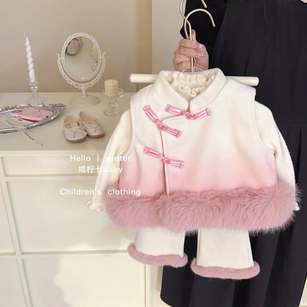 新中式童装女童渐变色呢子旗袍马甲秋冬新款女中小童毛呢背心