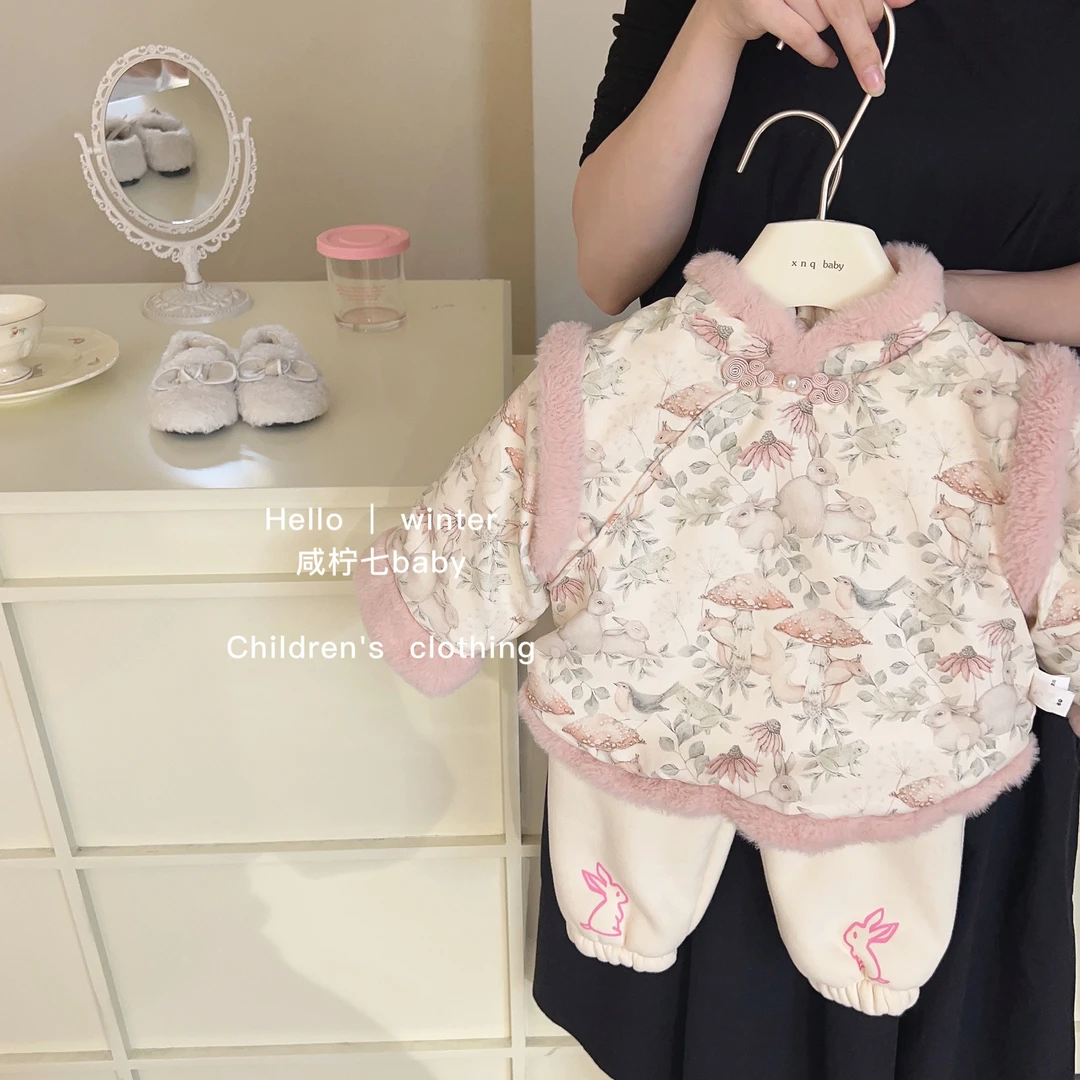 女童套装冬装洋气儿童唐装加绒女宝宝周岁礼服过年拜年汉服两件套