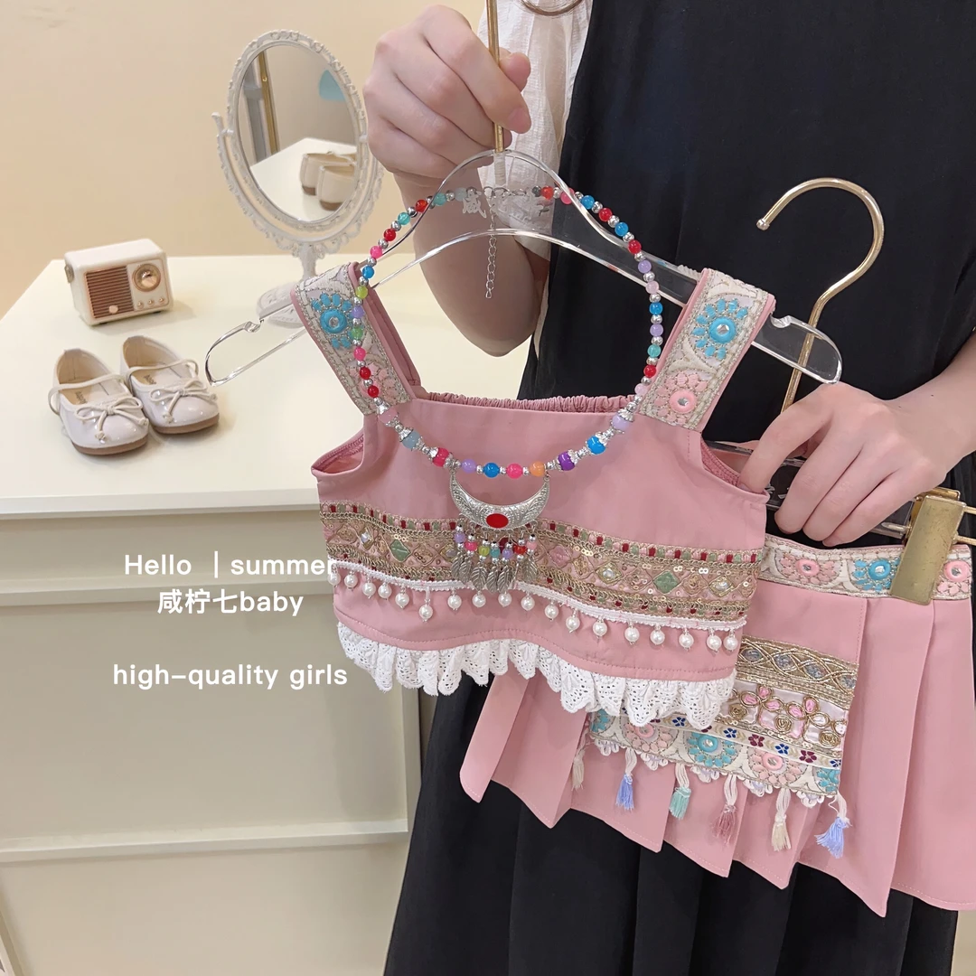 【现现】女童2023夏装儿童粉色可爱民族风背心半身裙套装两件套夏季