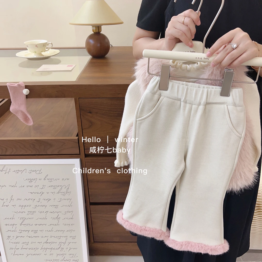 【现现】童装女宝宝粉色坑条毛毛一体绒加厚加绒喇叭裤长裤潮