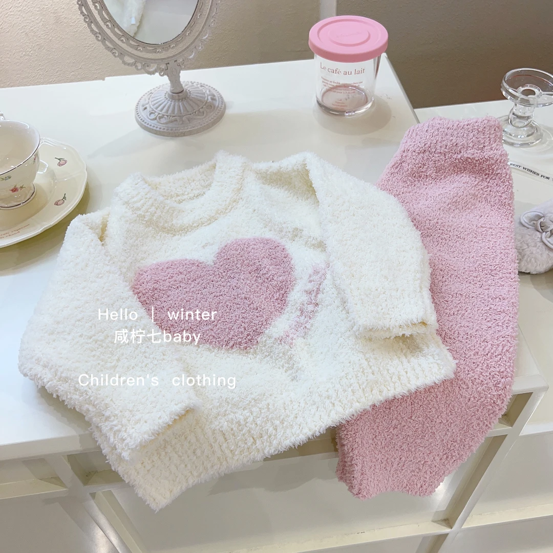 【现现】女童半边绒睡衣冬季珊瑚绒套装宝宝秋冬秋季毛绒家居服