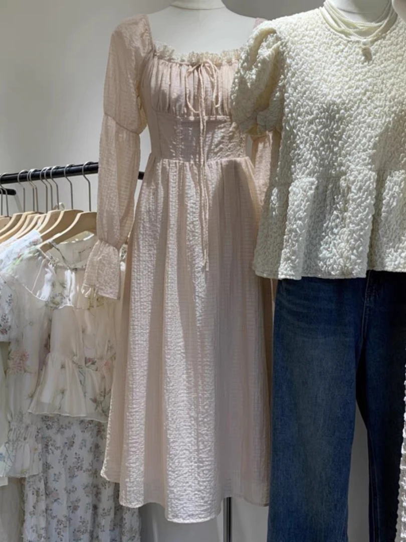 长袖蕾丝藕粉连衣裙气质899