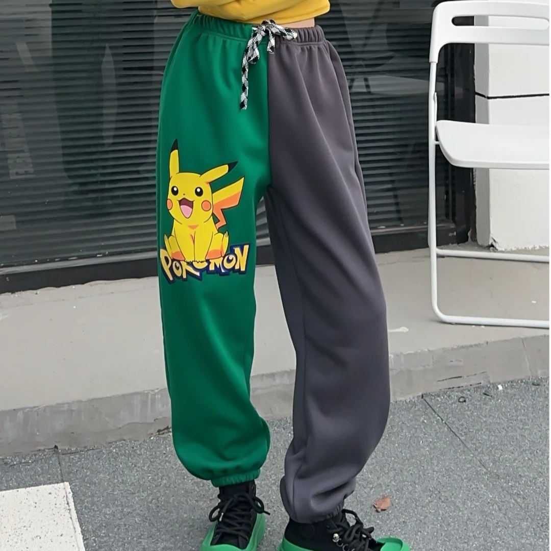 《比卡丘双色拼接潮牌加绒卫裤》时尚百搭街头潮酷双色拼接秋冬新款