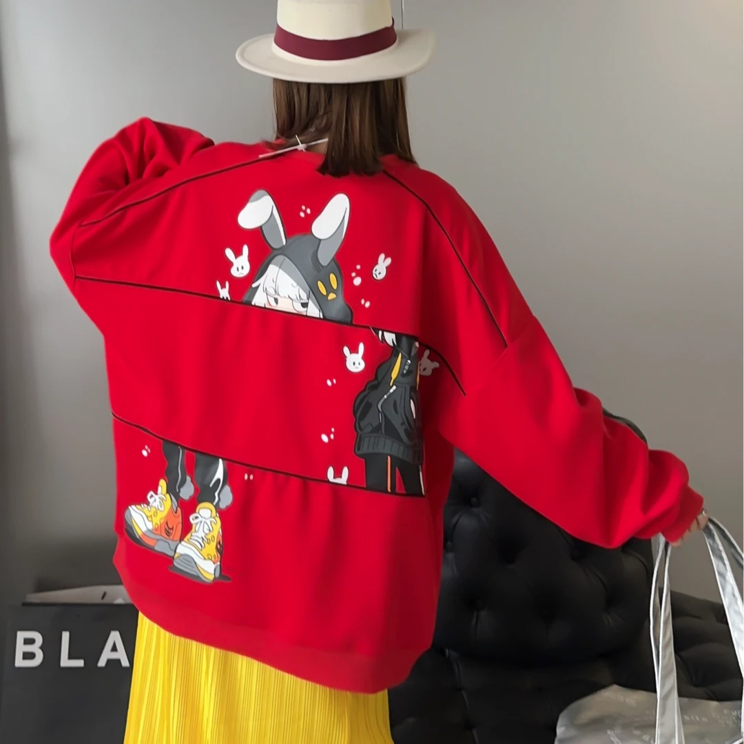 《潮兔潮牌卫衣》春秋时尚休闲时尚红色宽松印花长袖国潮卡通秋冬