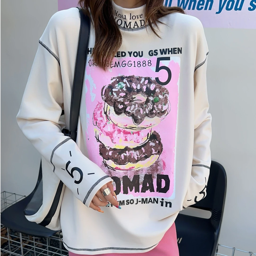 《爆款甜甜圈潮牌德绒打底》长袖时尚宽松ins圆领设计感印花卡通