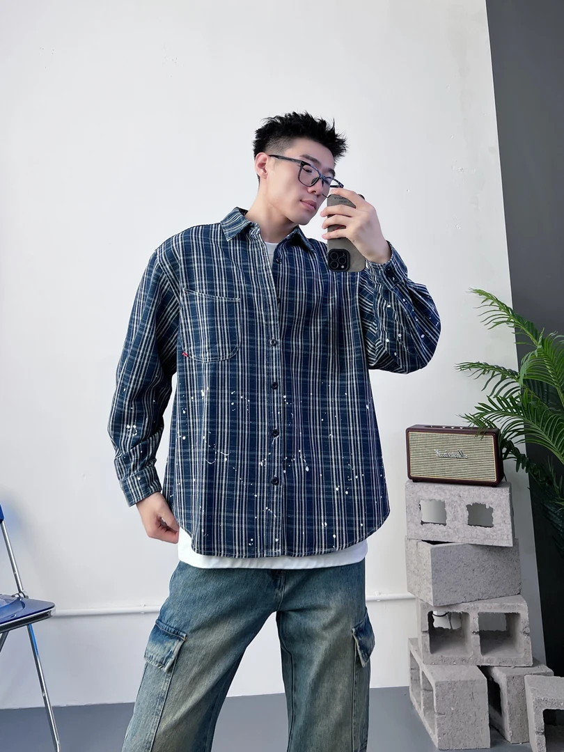 LUCHONG鹿翀 设计感漆点泼墨潮牌衬衫男宽松休闲格子长袖衬衣春秋