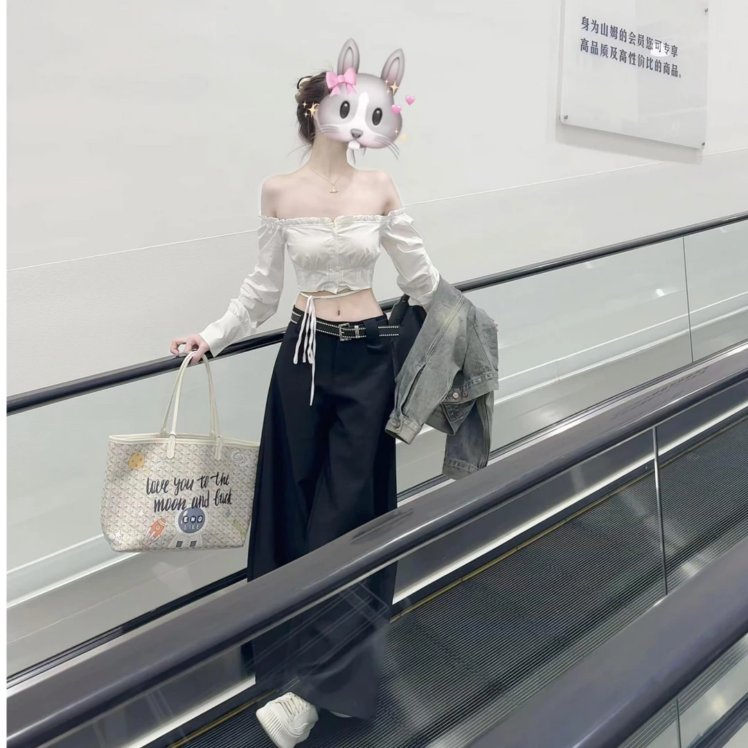 2024年早秋新款设计感一字肩小众百搭上衣女配高腰显瘦休闲阔腿裤