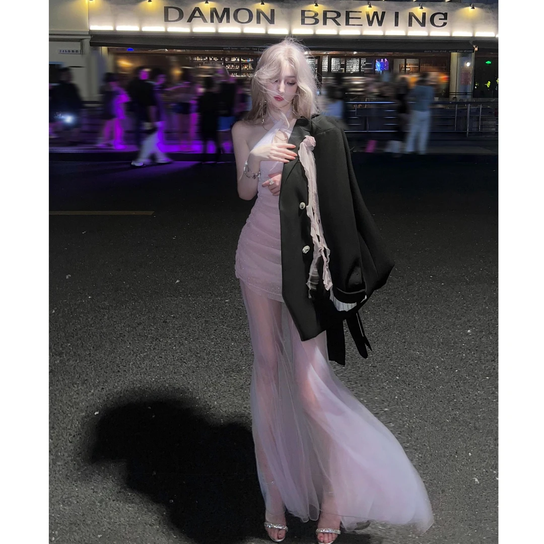 韩系甜辣穿搭2024秋季新款超仙纯欲性感挂脖网纱连衣裙西装外套女