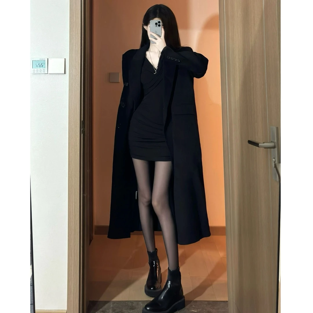 美拉德毛呢大衣女2024秋冬新款中长款厚款气质呢子外套修身包臀裙