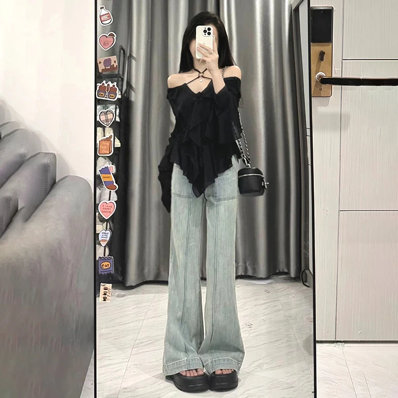 2024秋季新款设计感长袖防晒V领荷叶边绑带雪纺衬衫复古牛仔裤女