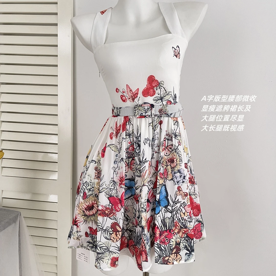 法式气质女神方领背带连衣裙女2024夏季新款ins气质碎花吊带短裙