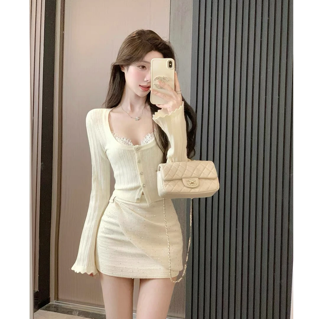 法式气质女神2024秋季新款修身针织开衫上衣搭小香半身裙毛呢短裙