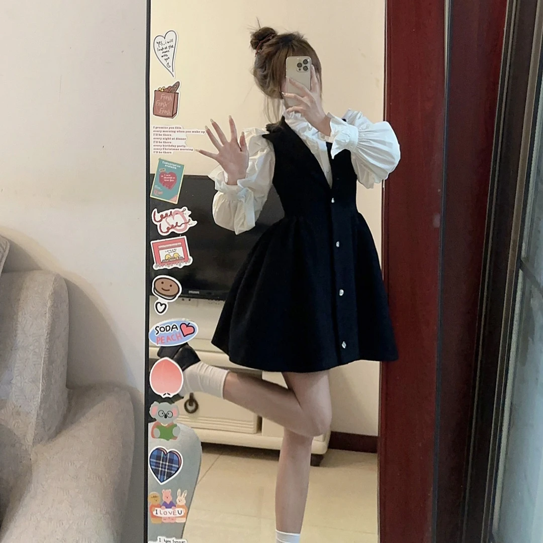 2023秋季气质束腰黑色翻领毛呢背心裙连衣裙气质衬衫两件套套装女