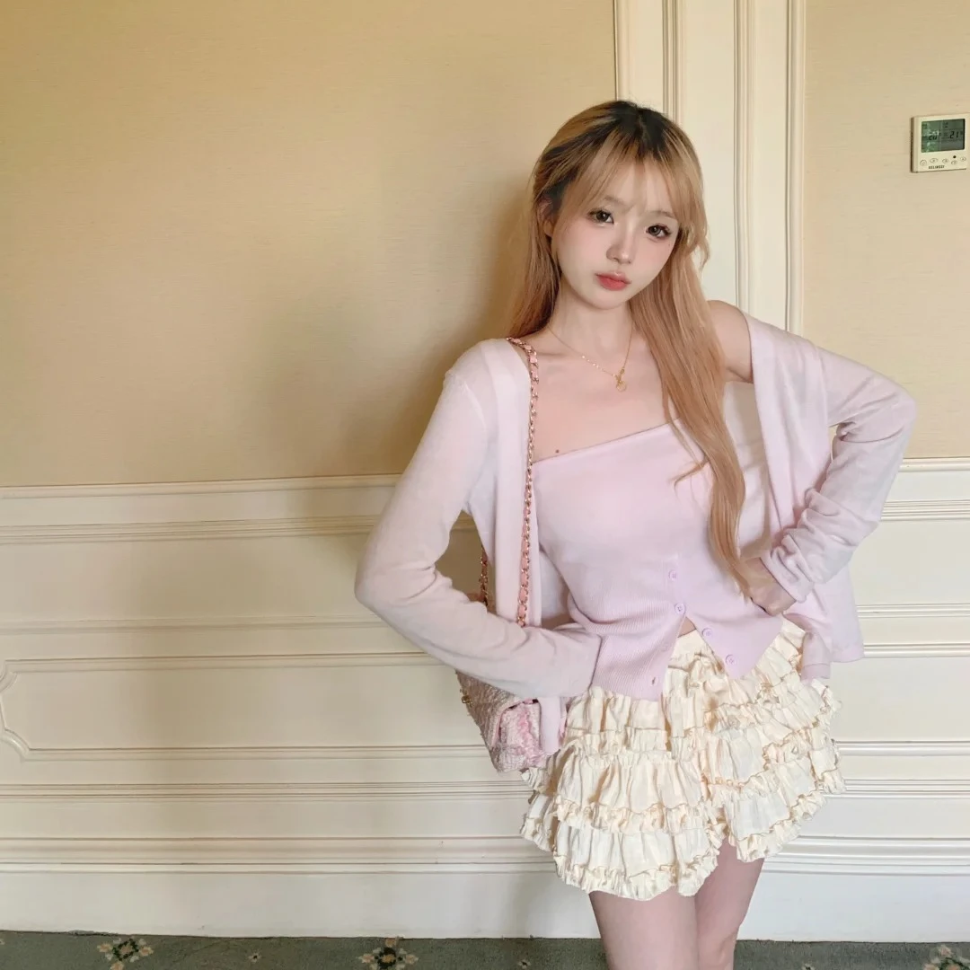 法式甜美少女2024新款百搭小众开衫外套打底抹胸上衣高腰蛋糕短裙