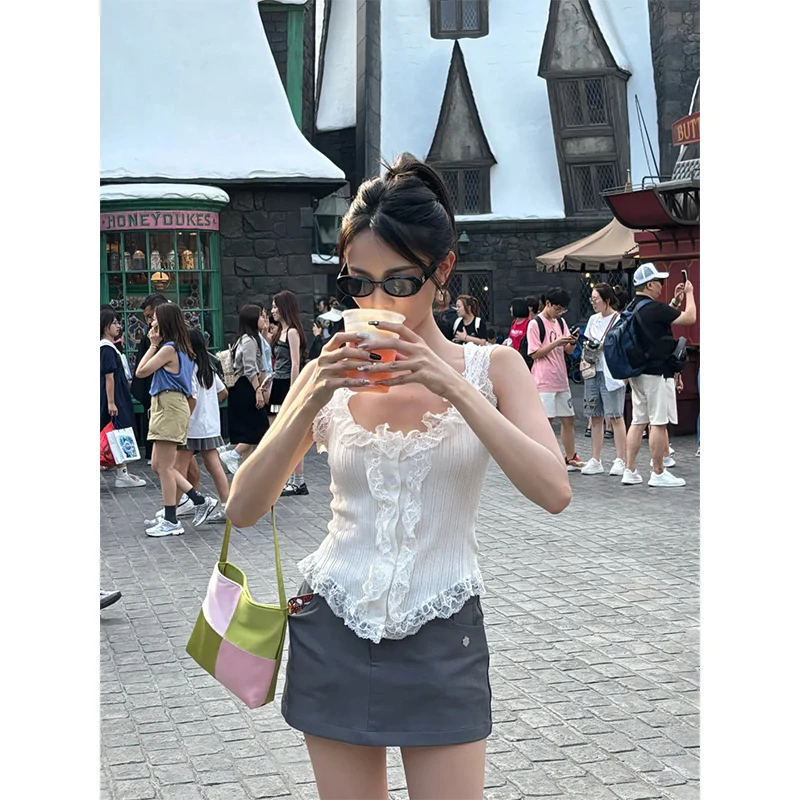 蕾丝边白色吊带背心女夏季款无袖修身设计感上衣搭半身裙