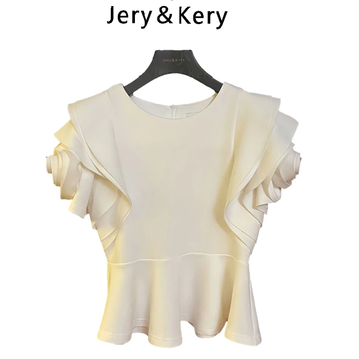 【Jery&Kery 】夏季花朵T恤宽松显瘦纯色荷叶边拼接短袖上衣女潮