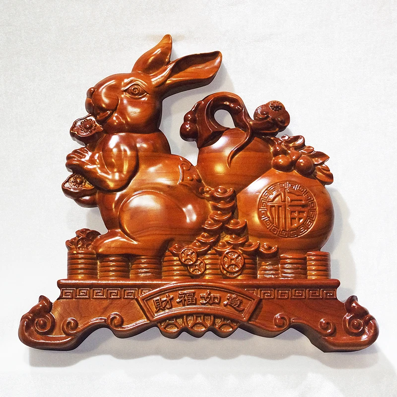 桃木兔财富如意摆件福字葫芦福禄财宝立刻来财兔年吉祥木雕摆件
